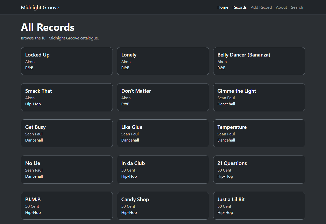 The RecordShop album catalogue page, showing a grid of albums with title, artist and genre